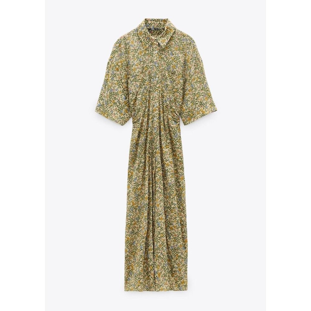 NWT Womens ZARA Yellow Multicolor Floral Print Vintage Inspired Maxi Shirt Dress